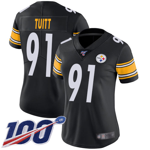 Women Pittsburgh Steelers Football #91 Limited Black Stephon Tuitt Home 100th Season Vapor Untouchable Nike NFL Jersey